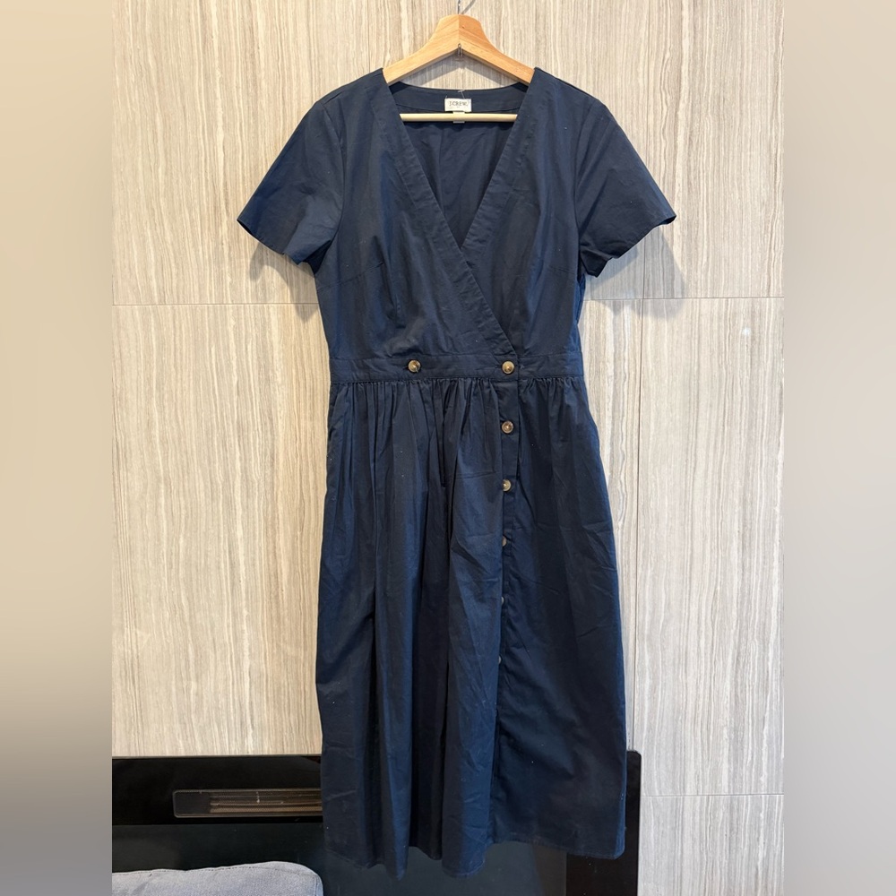 J. Crew Navy Short-Sleeve Wrap-Style Midi Dress with Buttons